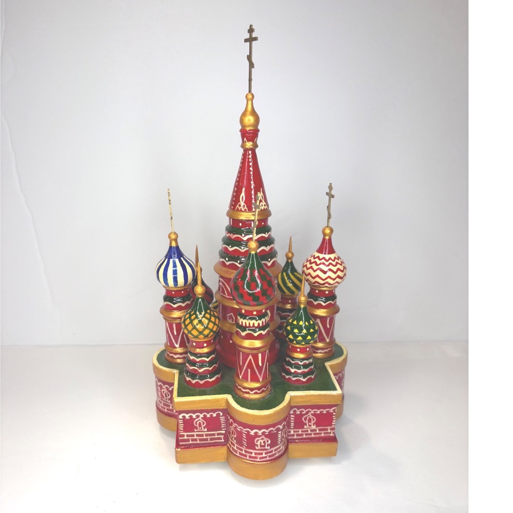 Vintage Hand Painted Russian Wooden Cathedral Music Box Made in Russia Folk Art